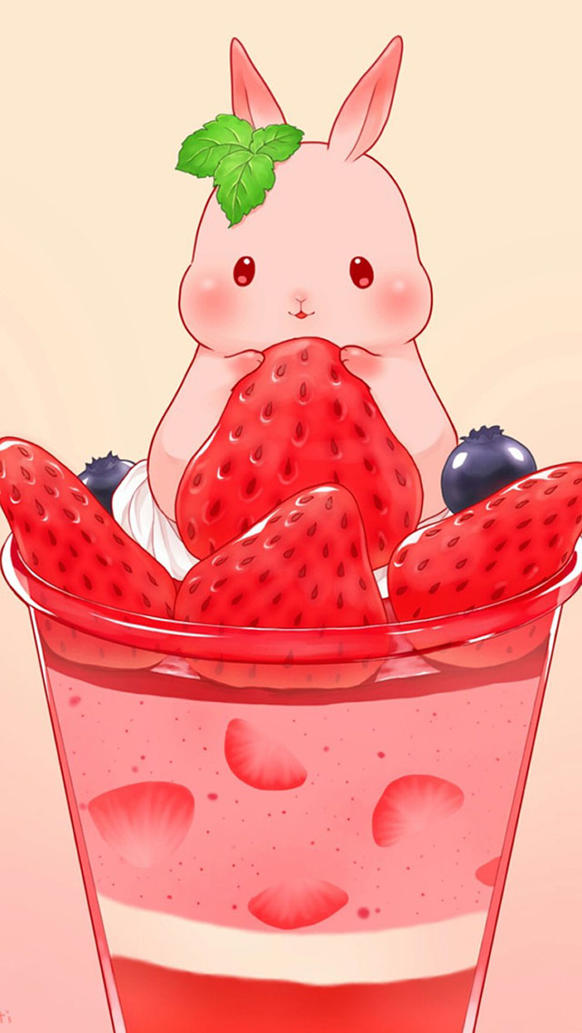 卡通小兔子 草莓奶昔杯 苹果手机高清壁纸 640x1136