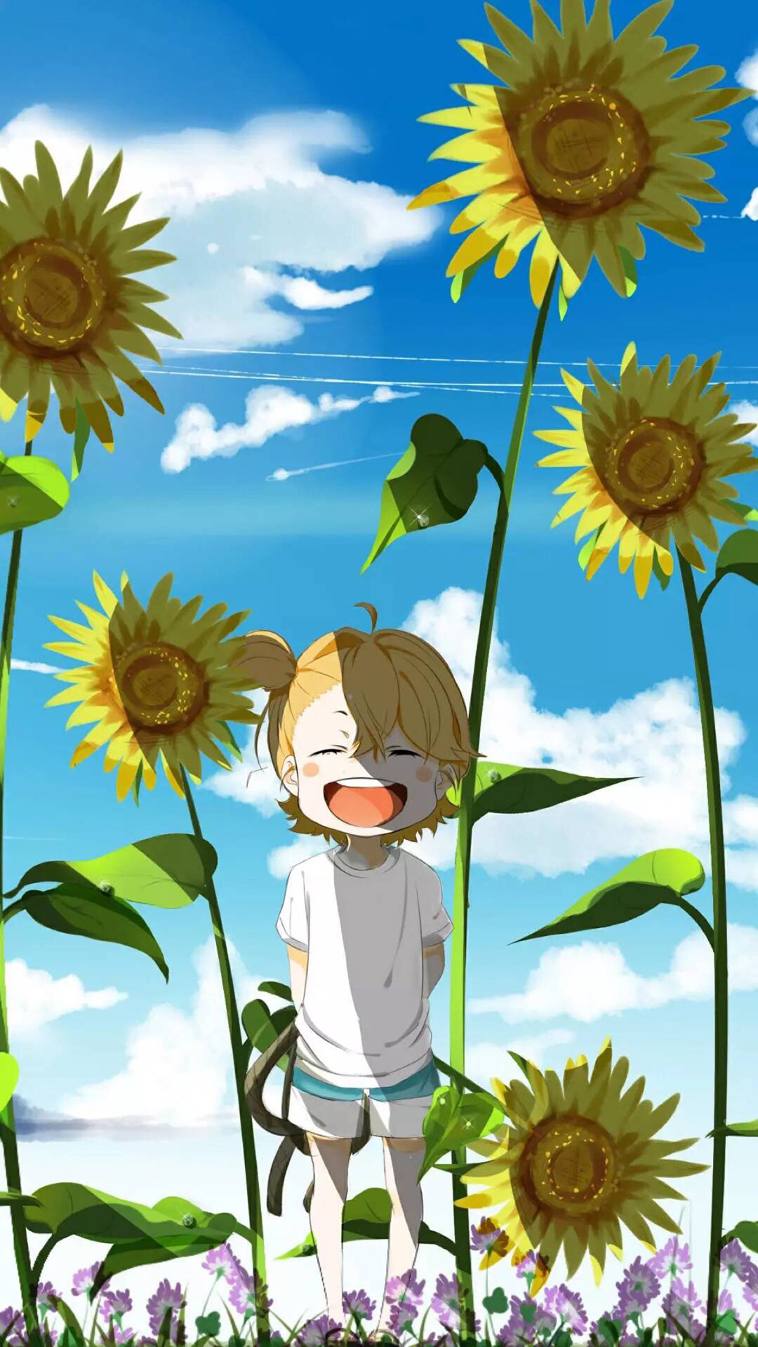 蓝天白云 向日葵 花丛 卡通小孩 苹果手机高清壁纸 x