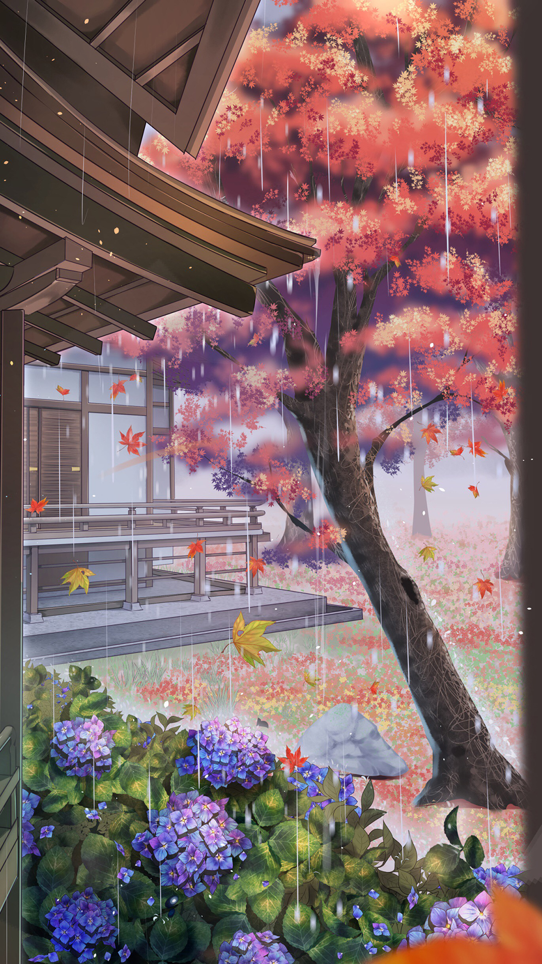 雨 漫画 场景 院子 树木 苹果手机高清壁纸 1080x1920
