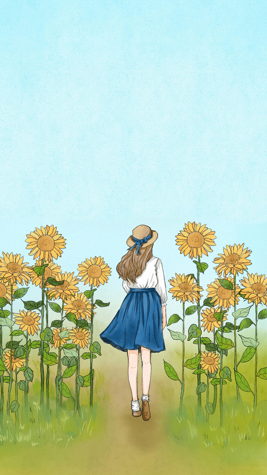 手绘 插图 向日葵 女孩背影 苹果手机高清壁纸 1080x