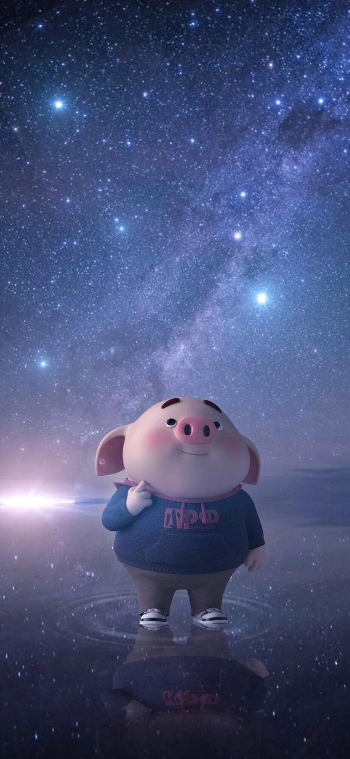 卡通 猪小屁 星空 倒影 苹果手机高清壁纸 1125x2436