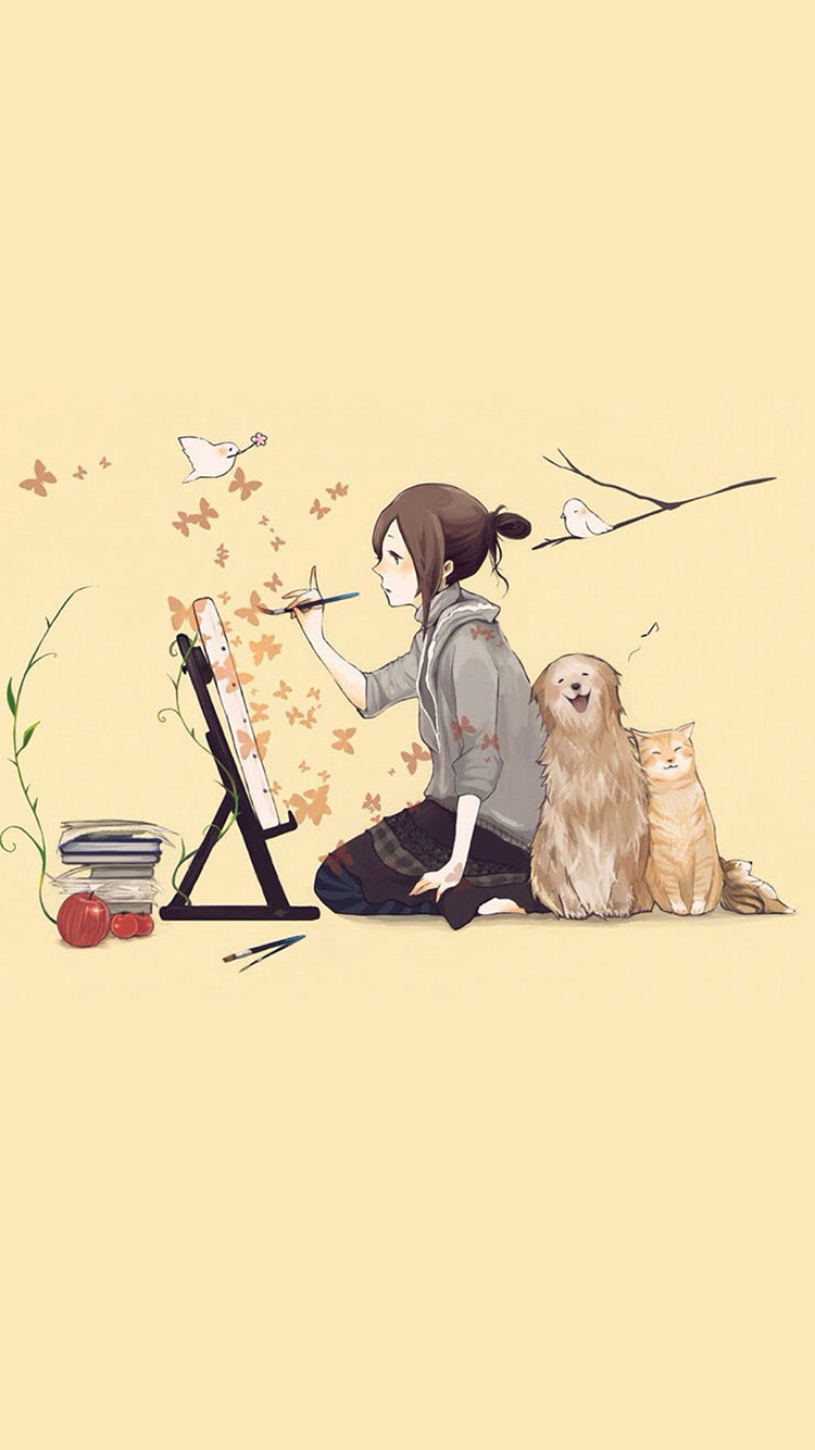 卡通画画女孩 蝴蝶 小狗小猫 温馨 苹果手机高清