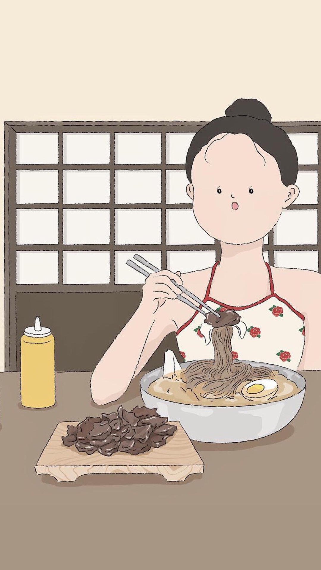 kitty 插画 女孩 吃货 面条 苹果手机高清壁纸 1080x1920