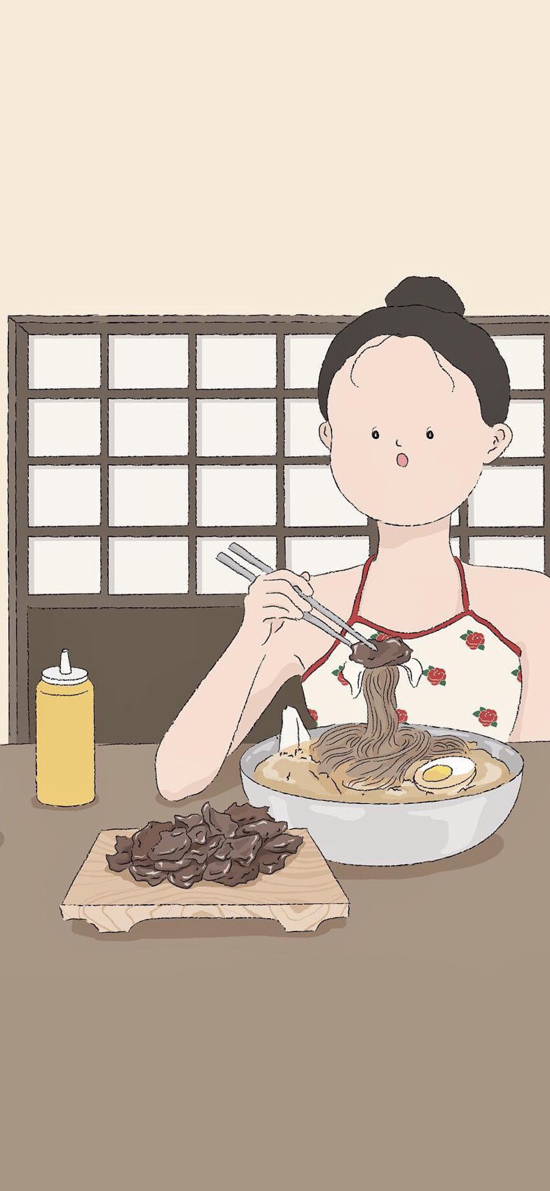 kitty 插画 女孩 吃货 面条 苹果手机高清壁纸 1125x2436_爱思助手