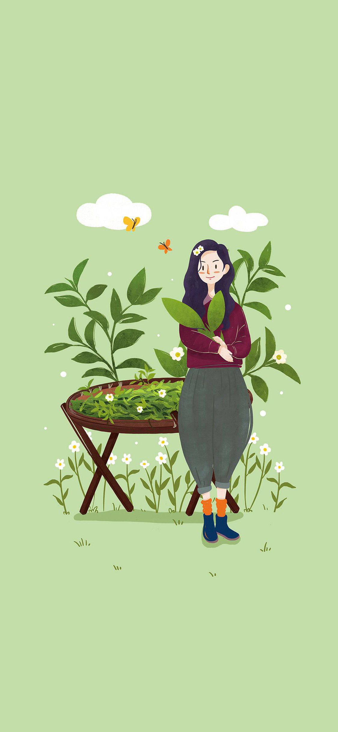女孩 插画 春 绿色 花草 苹果手机高清壁纸 112