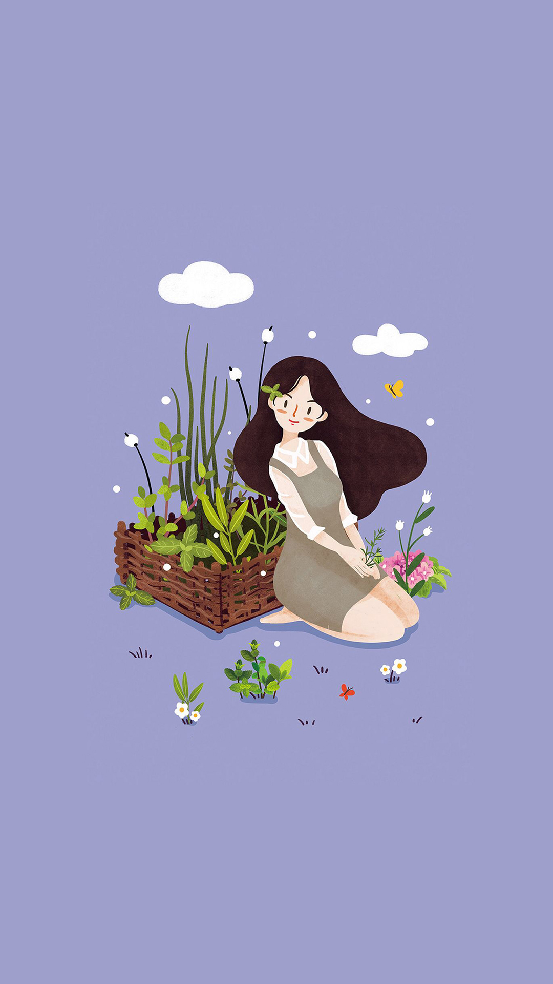 女孩 插画 春 紫色 花草 苹果手机高清壁纸 108