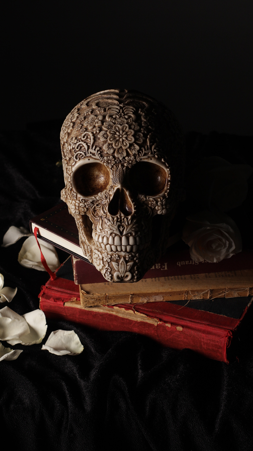 骷髅头 装饰 书本 花瓣 苹果手机高清壁纸 1080