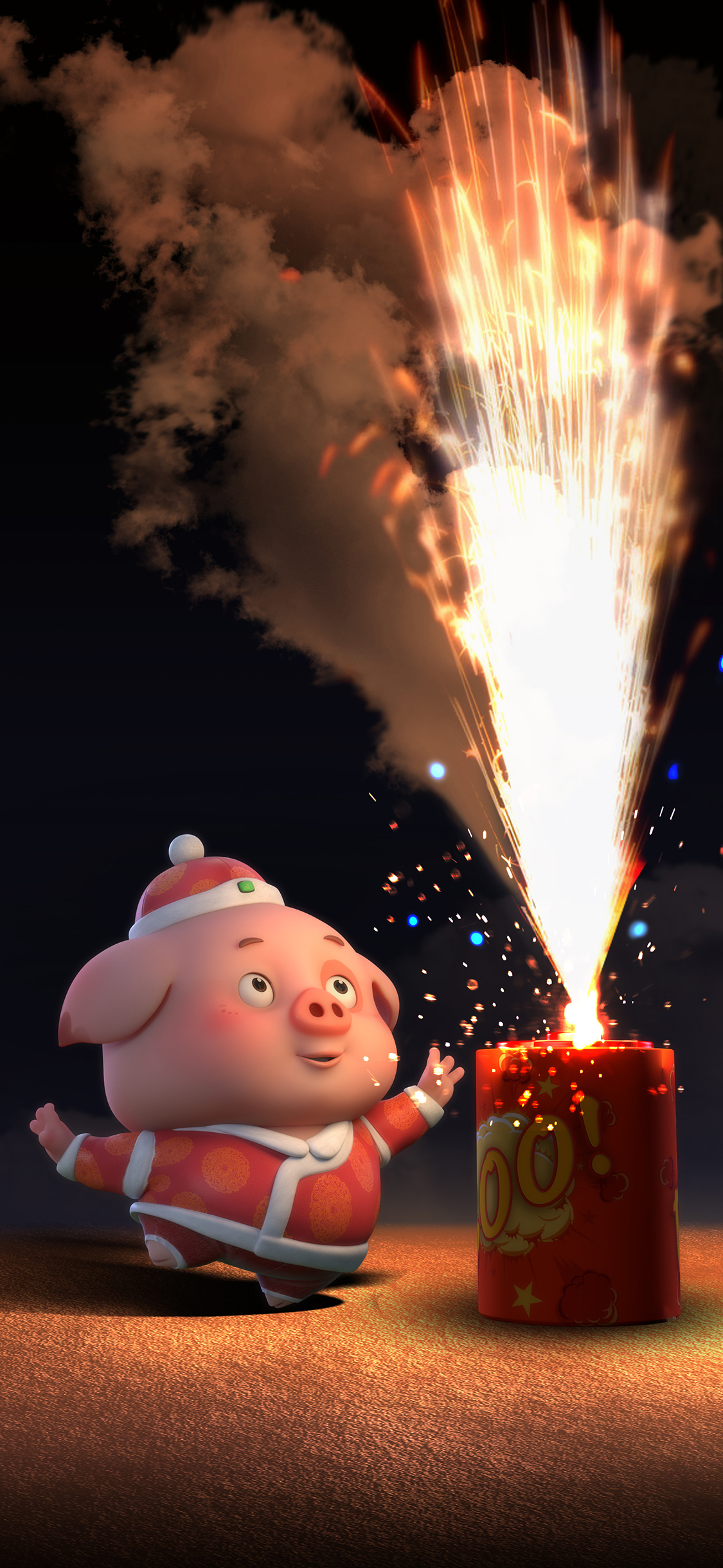 豆豆猪 烟花 新年 卡通 苹果手机高清壁纸 1125x2436_爱思助手