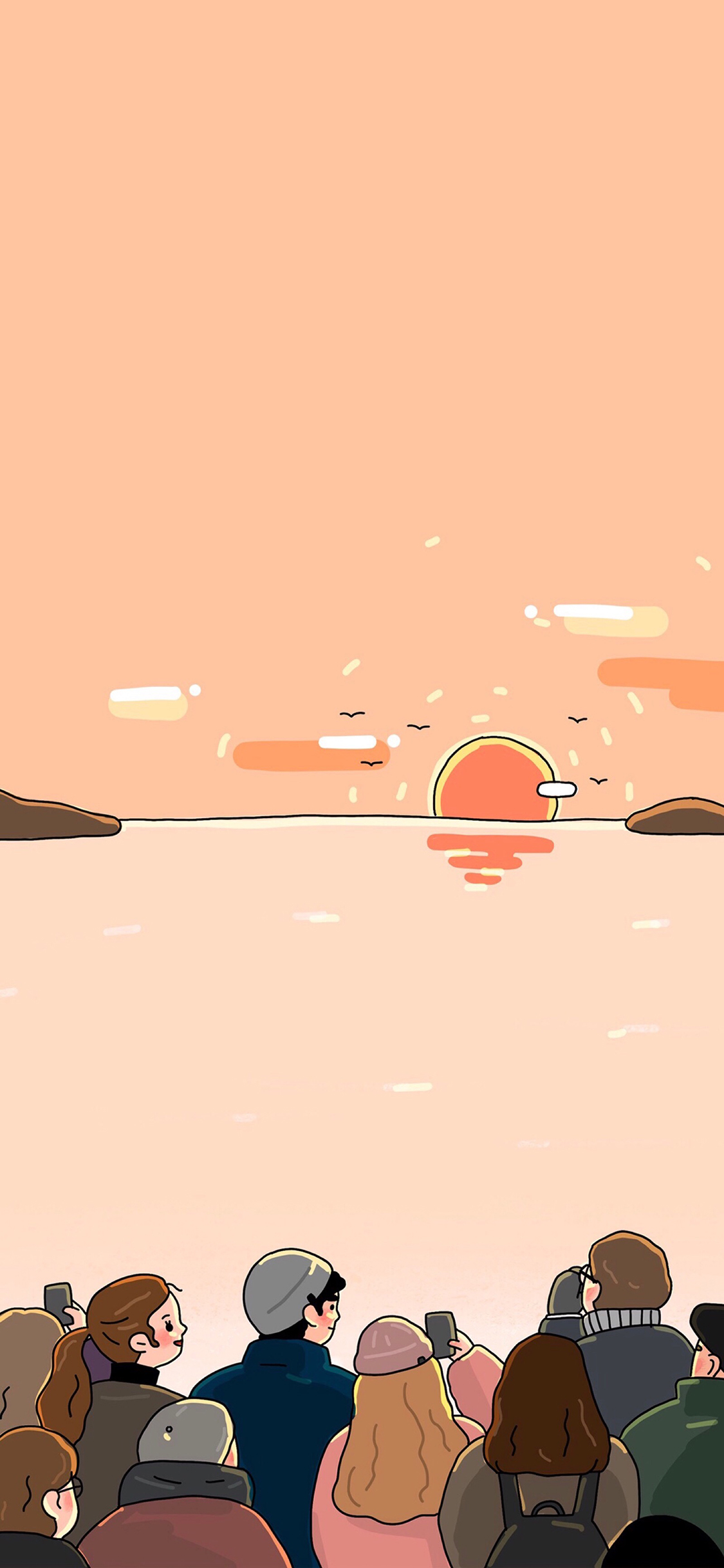 人物 插图 日落 拍照 韩国插画师 苹果手机高清壁纸 1125x2436_爱思