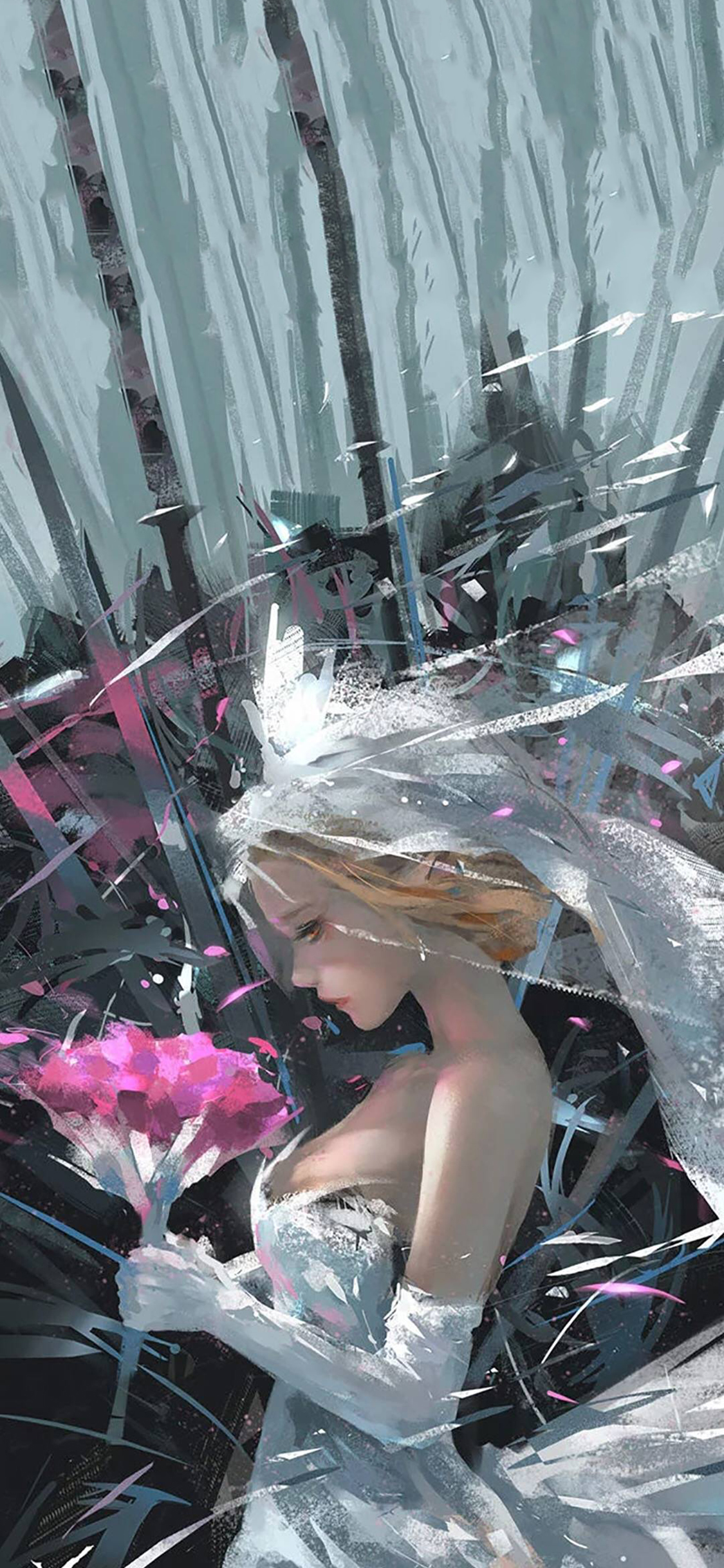 鬼刀插画 CG原画 女孩 捧花 色彩 艺术 苹果手机