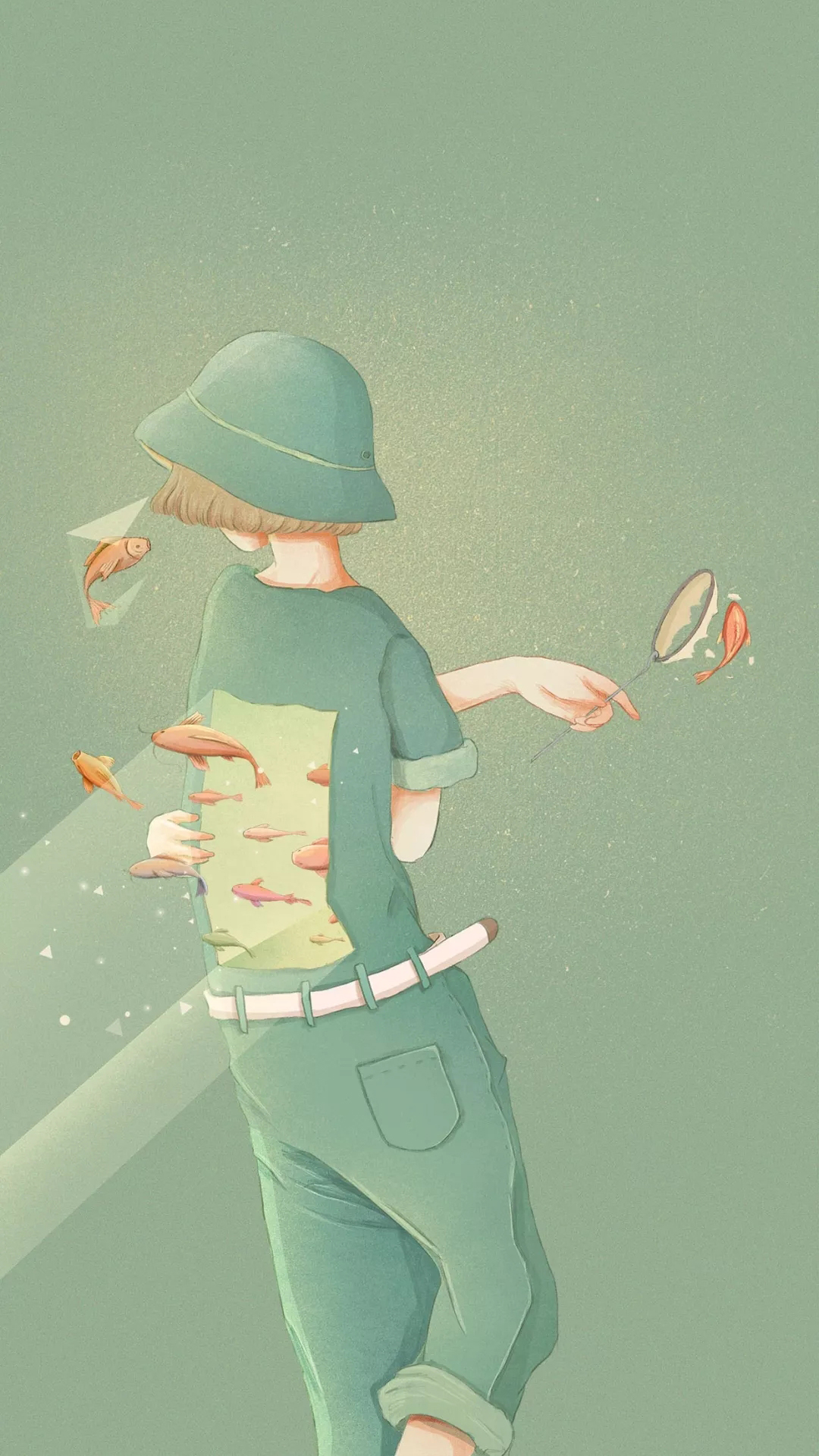 绿色系 女孩 插图 背影 金鱼 苹果手机高清壁纸
