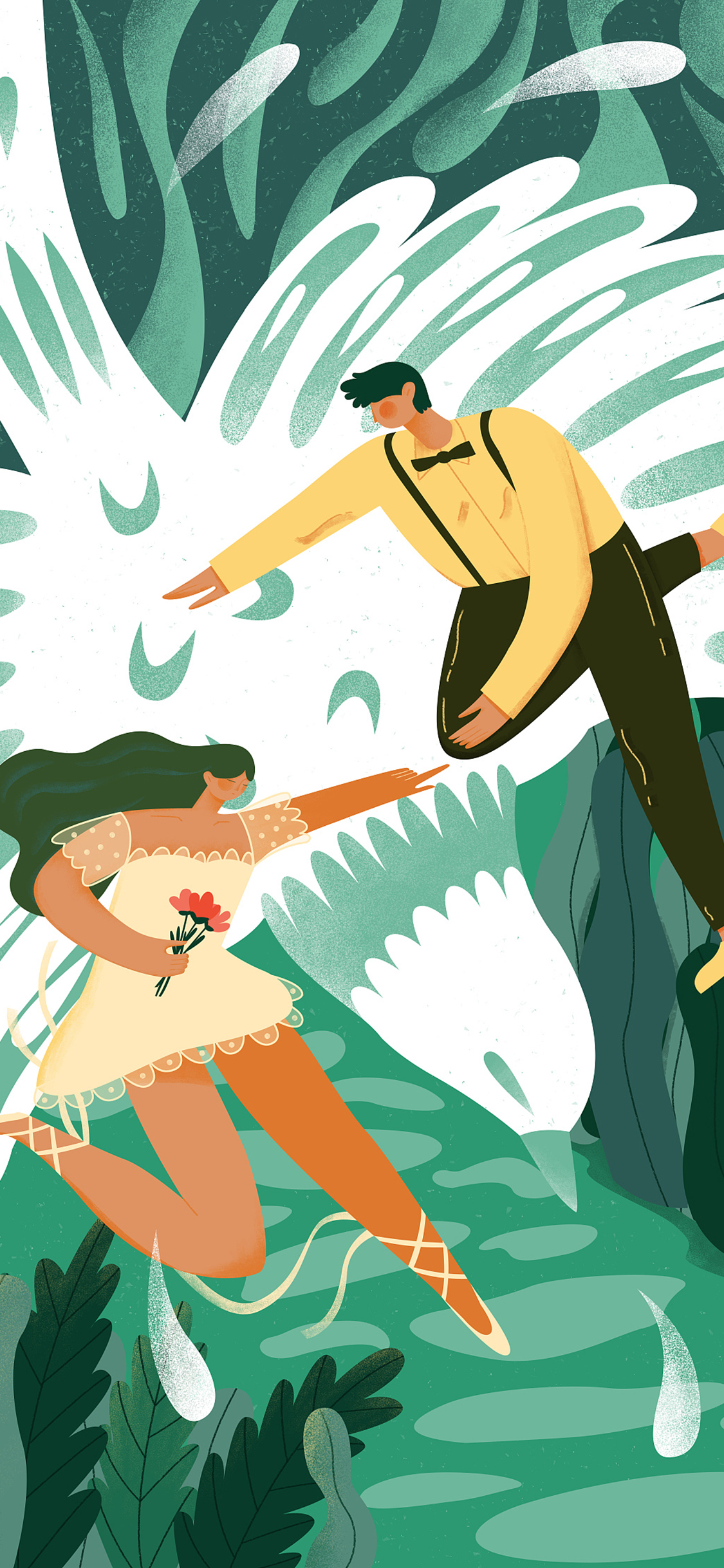 情侣插画 绿色系 飞鸟 爱情 苹果手机高清壁纸